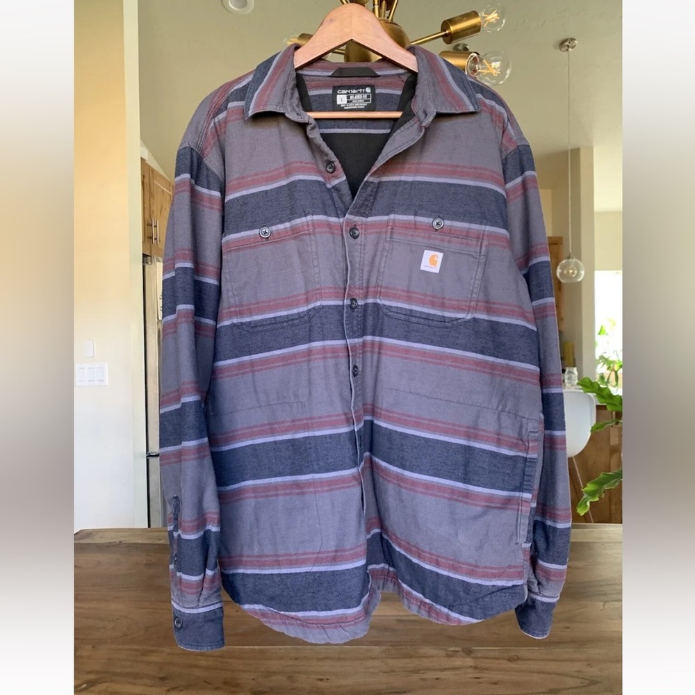 Carhartt Men's Gray Striped Button-Up Work Shirt Jacket